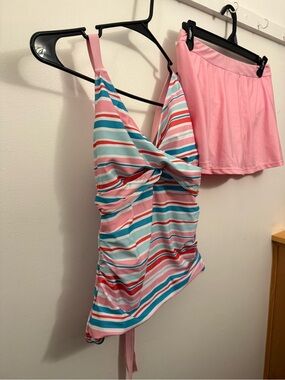 Striped Pink Twist-Front Tankini Top with Pink Swim Skirt